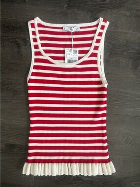 NWT MANGO Striped Knit Tank Top Ruffle Hem Red Cream Coquette/ Size S